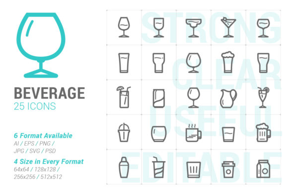 Beverage and Glass Strong Line Icon Guide